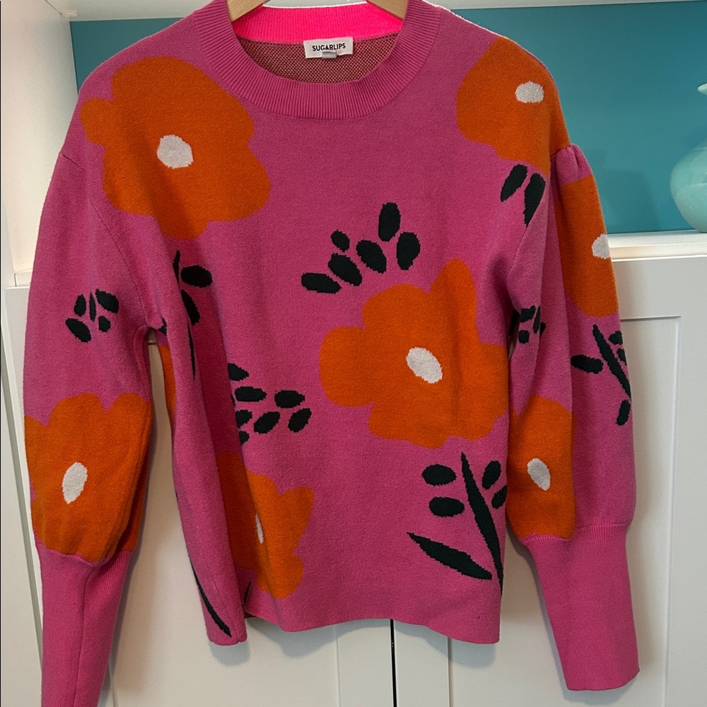 Sugarlips Vibrant Pink and Orange Floral Sweater